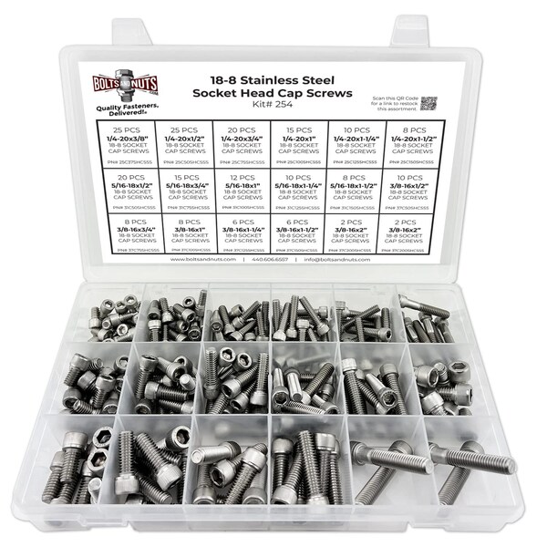 Boltsandnuts.Com Inch 18-8 Stainless Steel Socket Cap Screws Assortment - 211 PCS Assortment Kit #254 - main